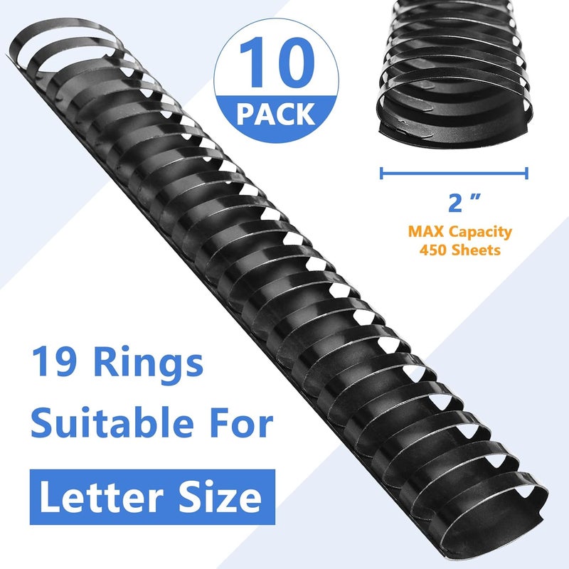 HOUYEE Store 2 Inch Plastic Binding Comb 19 Ring, 450 Sheet Capacity, Letter Size Black Comb Binding Spines (10 Pack) - Image 2